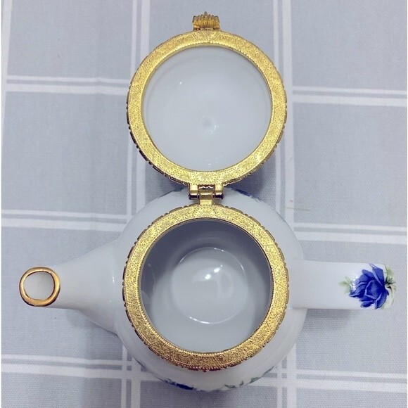 Teapot Blue Rose Floral Pattern Gold 1960’s Trinket Box Formalities by Baum Bros - Picture 6 of 8